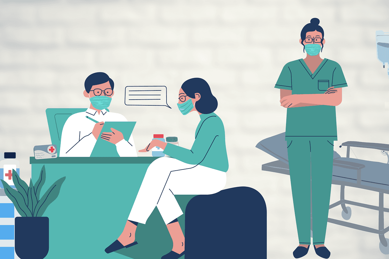 Medical professionals consulting with a patient in a cosmetic surgery clinic.