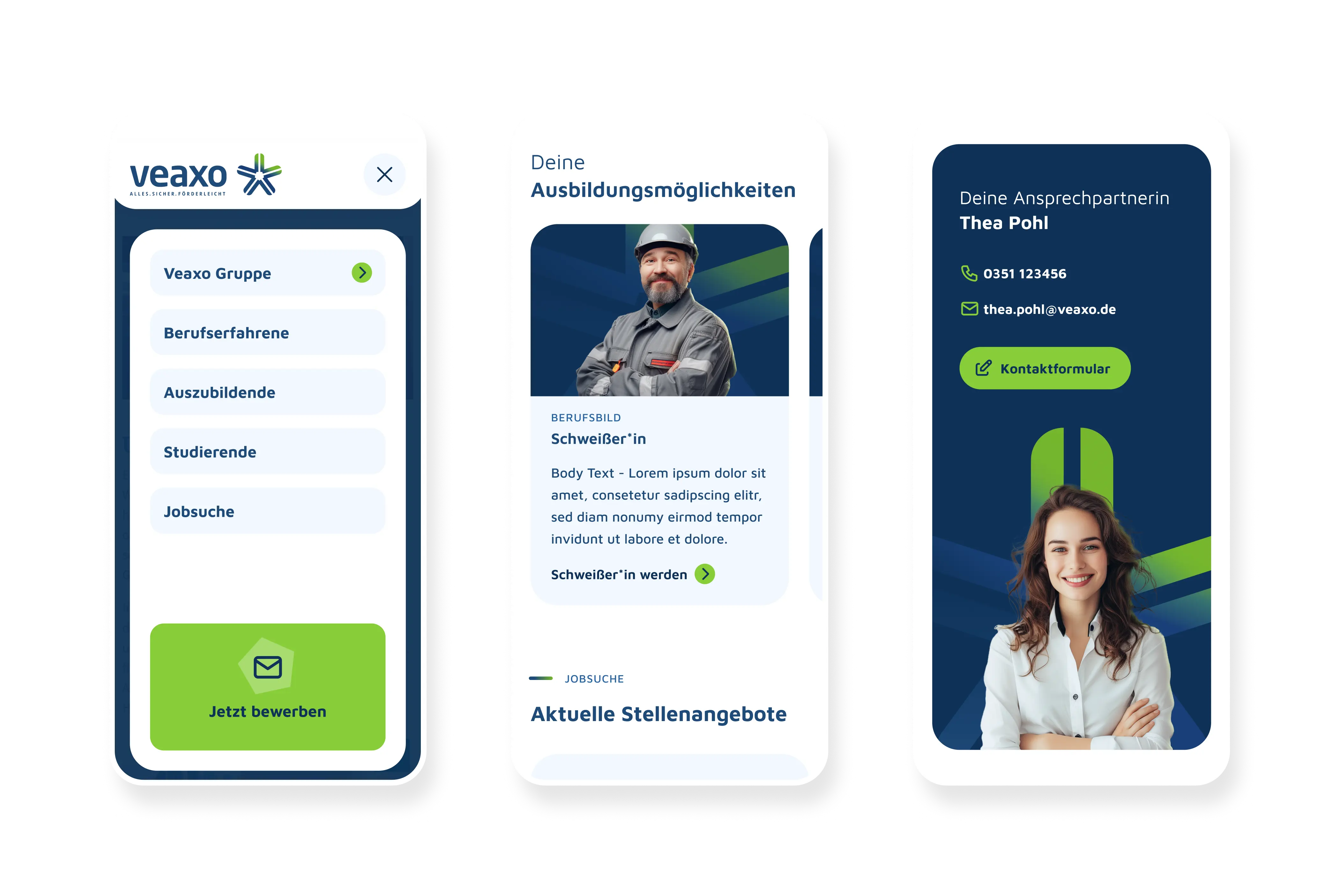 Drei beispielhafte Screens der mobilen Ansicht der Webseite