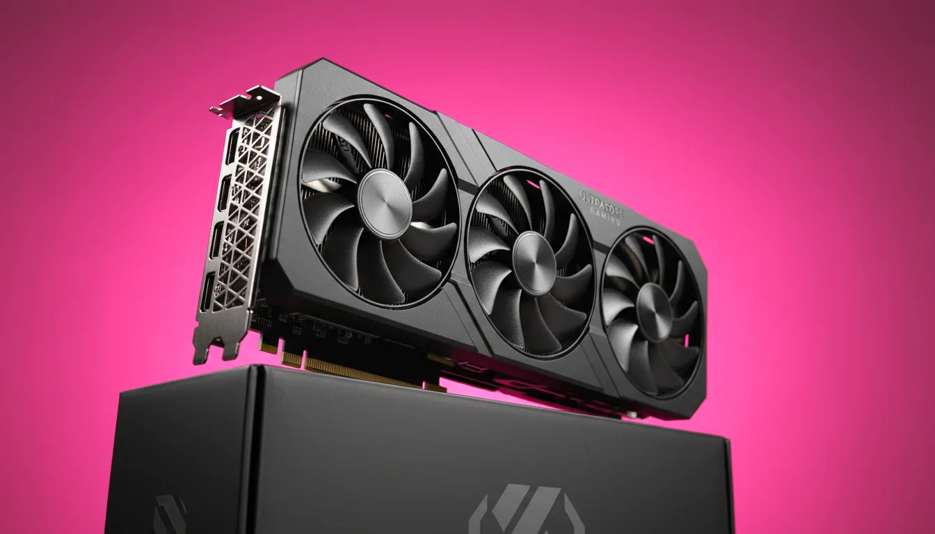 DSLR product photography of a high-end, black triple-fan GPU, presented at a low-angle, dynamic diagonal perspective. The graphics card rests on its retail box, showcasing a textured matte black shroud and a polished metal I/O bracket. The scene is illuminated by crisp, soft studio lighting against a vibrant, solid hot pink background. Sharp focus captures the intricate details of the fan blades and the metallic finish.