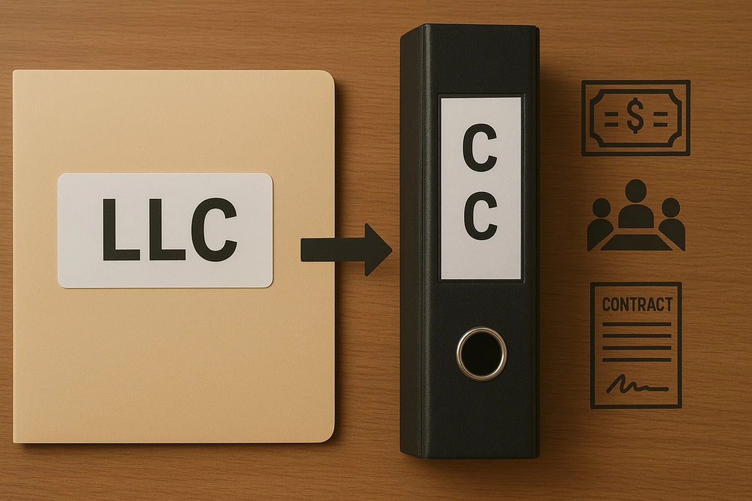 Symbolic image showing an LLC folder transforming into a C-Corp binder, surrounded by icons of stock certificates, board meetings, and business contracts.