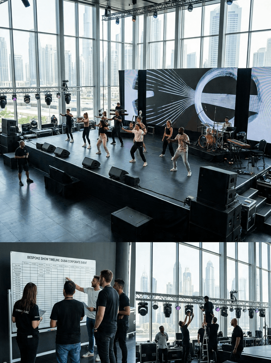 Bespoke show timeline in Dubai with performers rehearsing choreography, music, visuals, and corporate event entertainment.