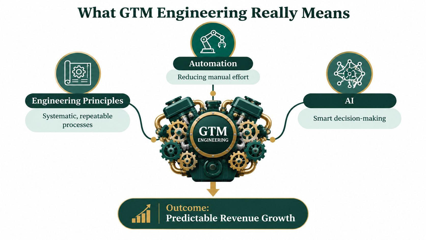 A diagram illustrating GTM Engineering as a machine powered by automation, engineering principles, and AI for growth.