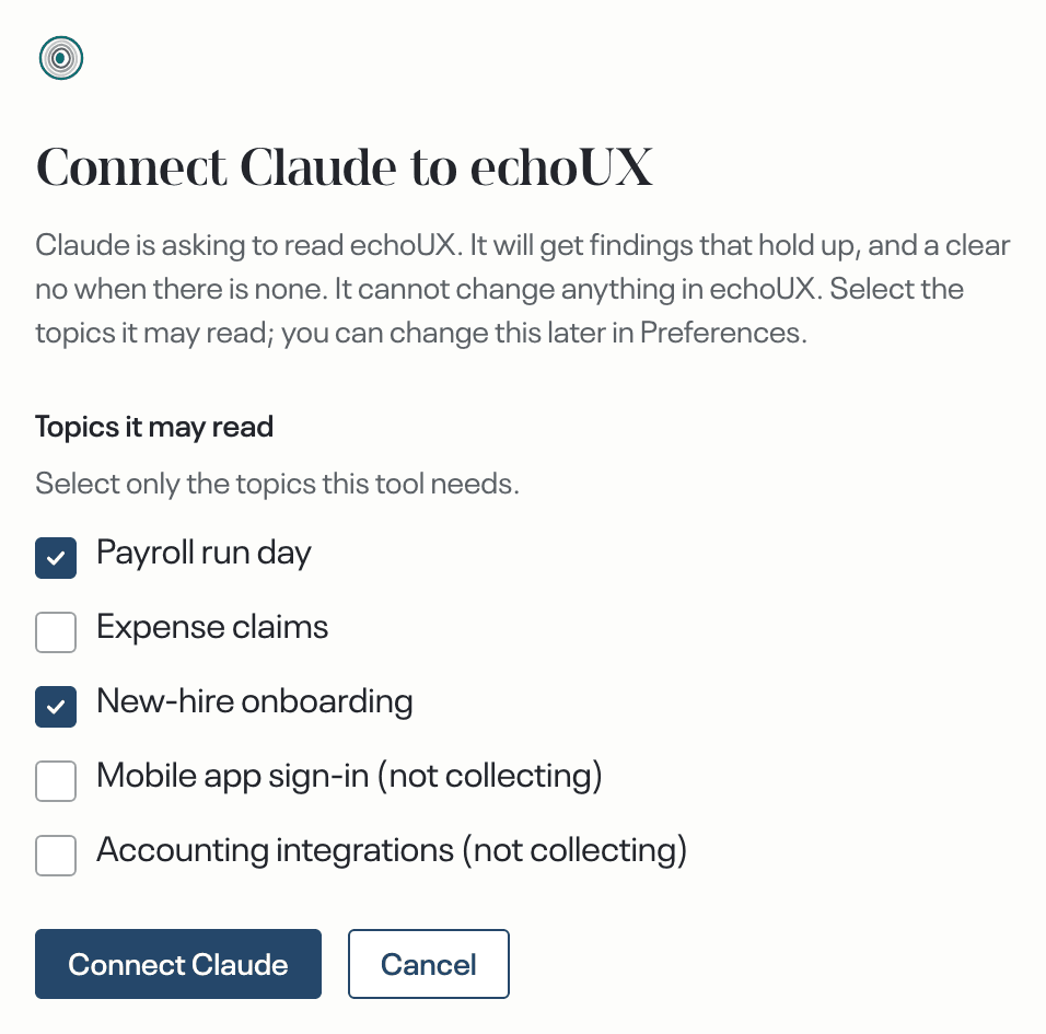 the connect page, demo account · one topic selected