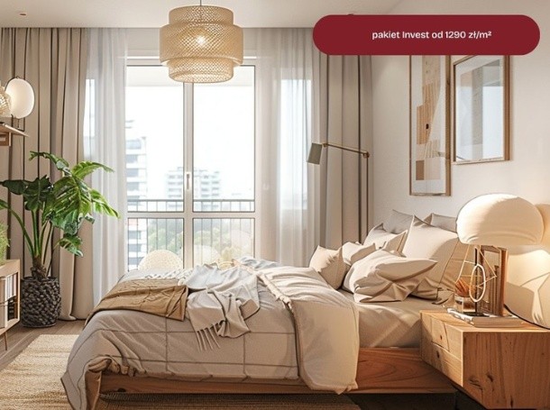 Jasna sypialnia z dużym łóżkiem, drewnianymi meblami i rośliną przy oknie