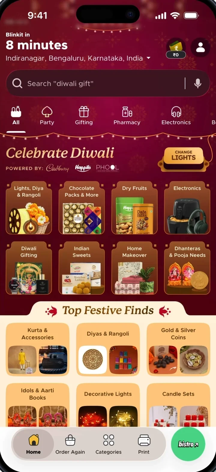 Blinkit Diwali storefront with campaign lettering, Change Lights and shopping categories