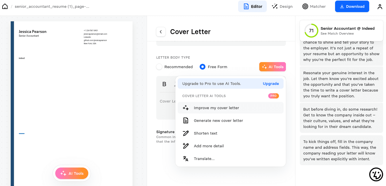 Wozber cover letter AI tools menu locked behind an upgrade to Pro prompt