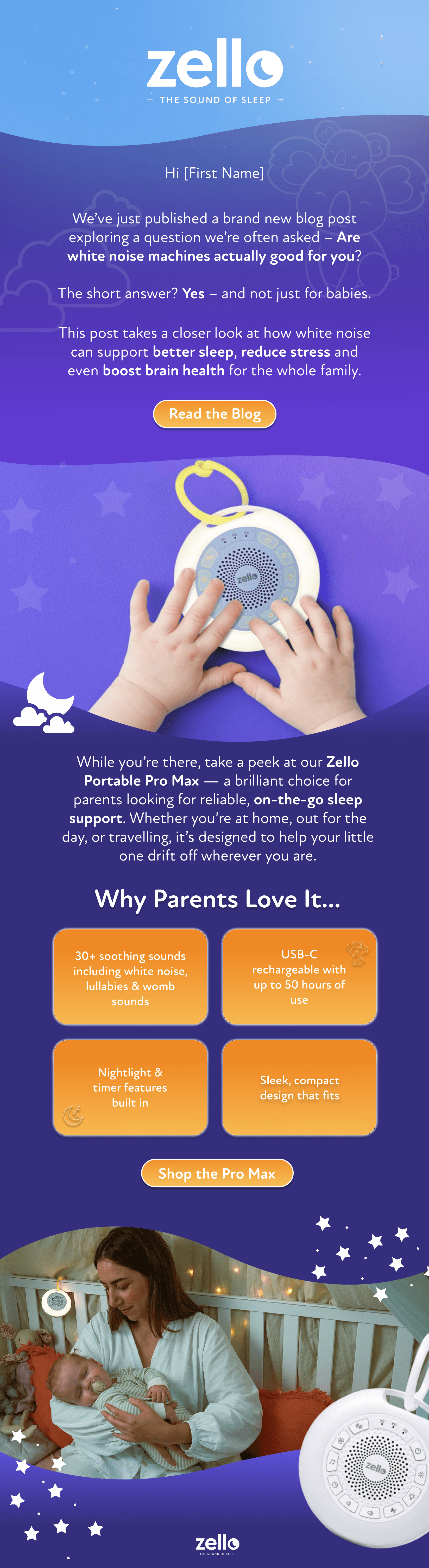 Complete Zello emailer designed by Jessica Smith, with a blog introduction, product photography, feature cards and calls to action