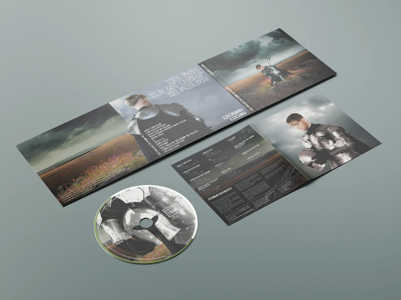 Éléments du digipack de l'album "Ciel gris sur un champs de fleur" du rappeur Léonard Lucian