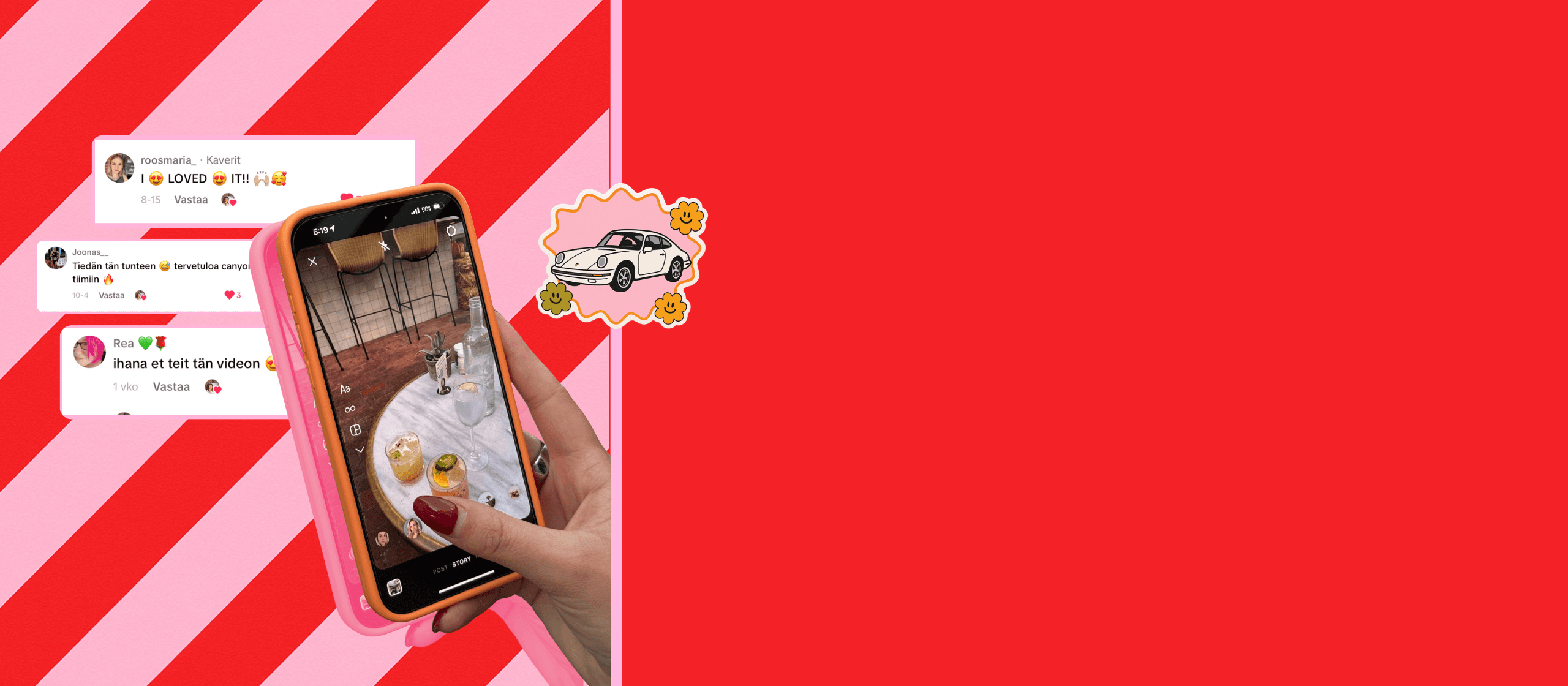 Henkilö pitää kädessään puhelinta, jonka näytöllä näkyy kahvilapöytä kuvattavana lyhytvideota varten. Taustalla näkyy TikTok-kommentteja, joissa kehutaan videota, punavalkoraidallisella taustalla ja koristekuvilla.