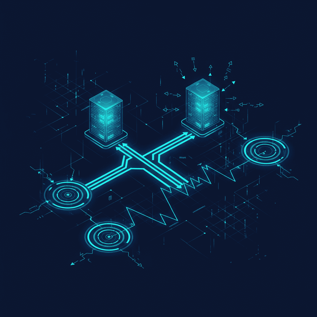 A high-tech blueprint schematic showing latency delays between trading terminals during a news event