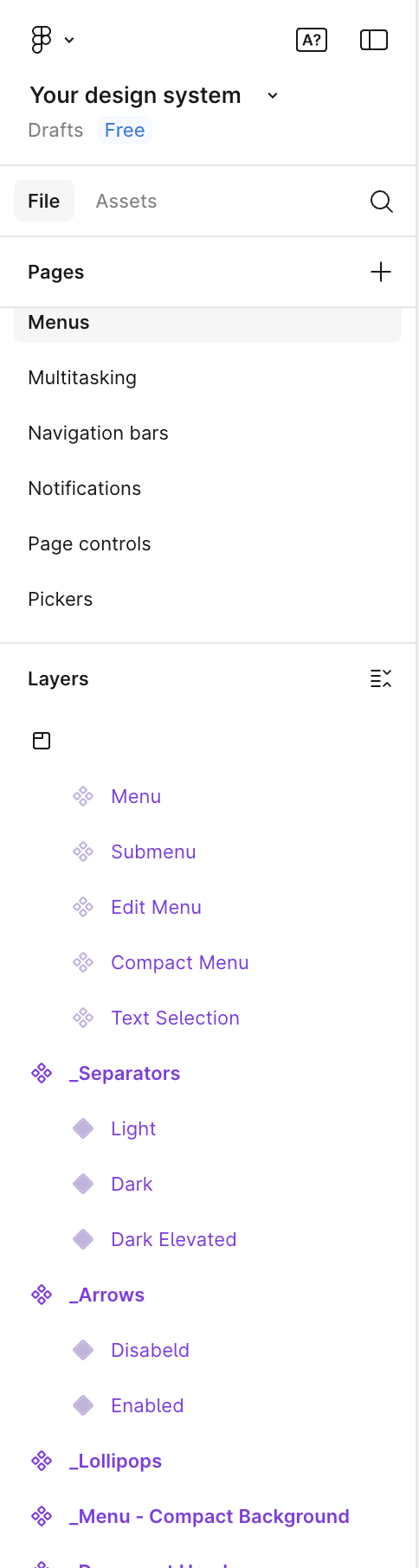 Sidebar navigation for a design system titled "Your design system" displays sections for "File", "Pages", and "Layers". 