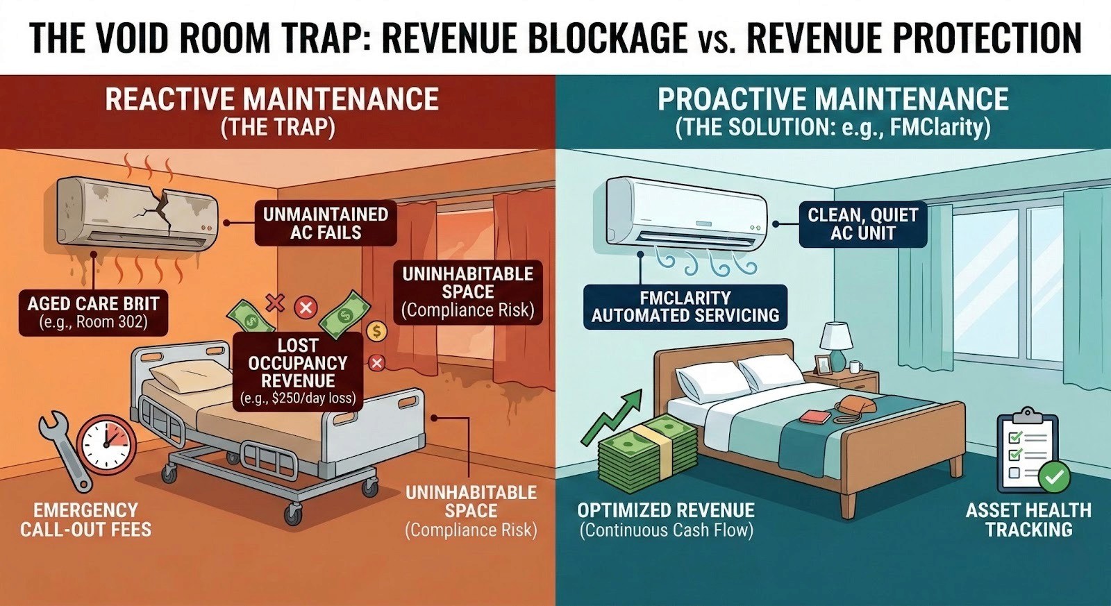 Infographic titled 'The Void Room Trap' comparing reactive vs. proactive facility management in aged care. The left side shows the trap of reactive maintenance with a broken AC, uninhabitable space, emergency call-out fees, and lost occupancy revenue. The right side shows the solution of proactive maintenance, featuring a clean room, automated servicing, asset health tracking, and optimized revenue.