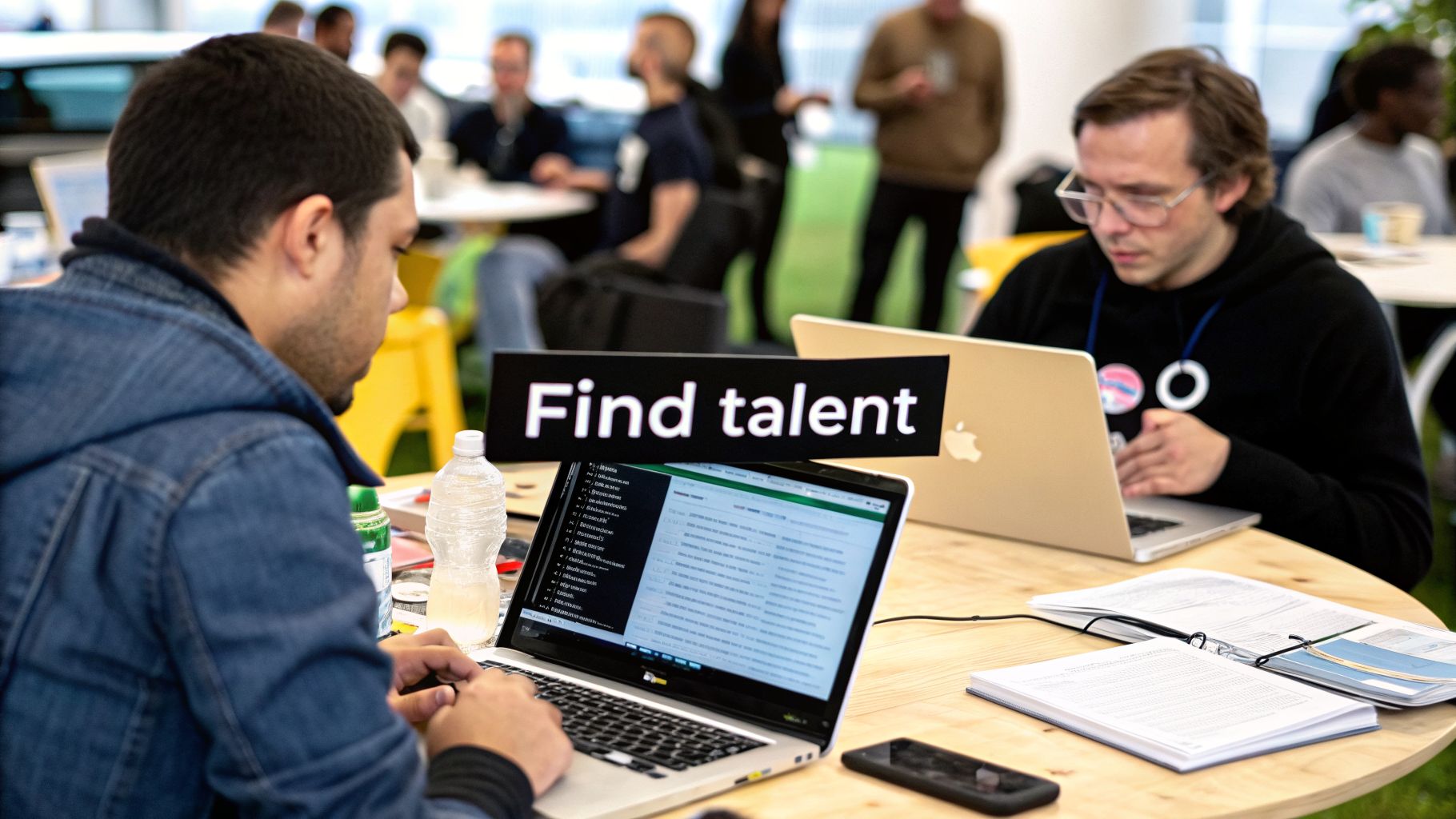 Two men working on laptops at a table with a 'Find talent' sign in a modern office environment.