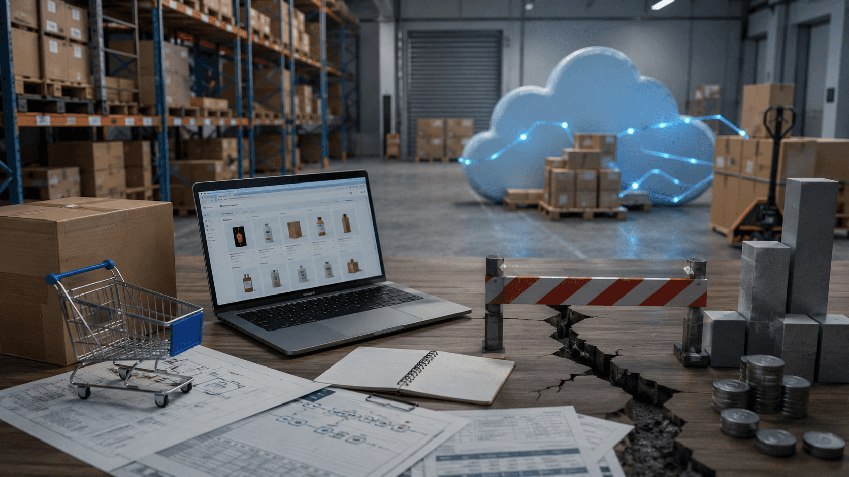 Mesa de operação em um centro de distribuição com notebook exibindo plataforma de e-commerce, documentos técnicos espalhados, mini carrinho de compras e uma rachadura atravessando a superfície da mesa. Ao fundo, prateleiras industriais, pallets e um grande símbolo de nuvem conectado por linhas luminosas representam sistemas integrados e limitações estruturais no crescimento de uma distribuidora. Estilo realista 3D, iluminação industrial e atmosfera corporativa.