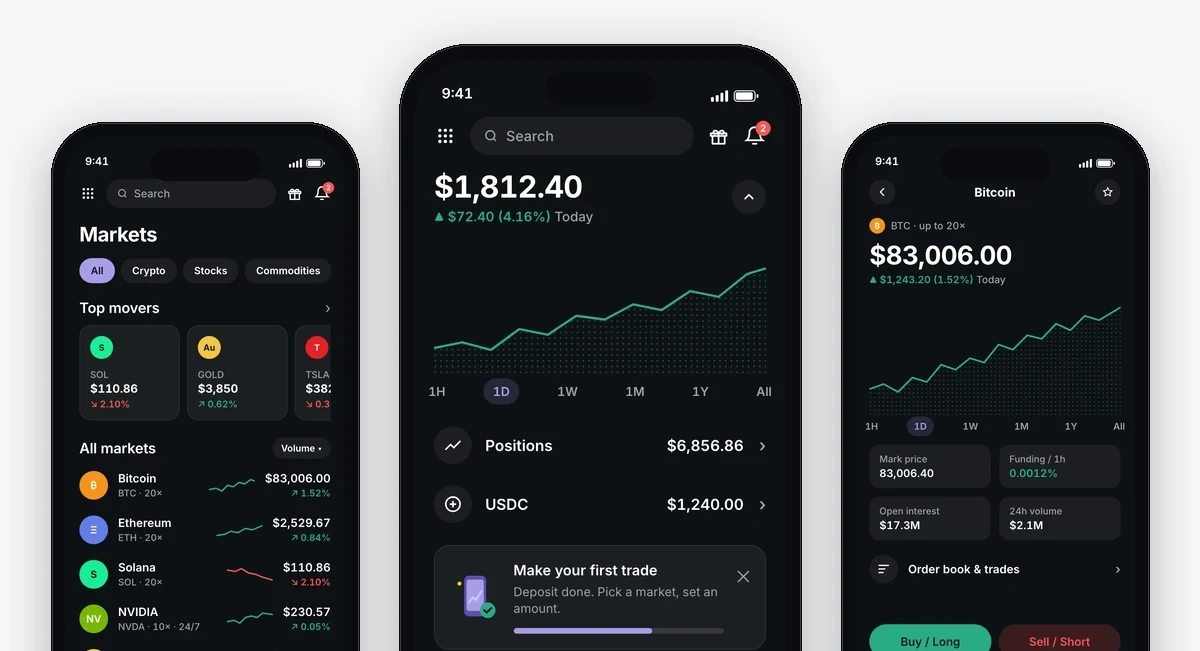 Margin Trade simple mode on three iPhones: markets, home and the Bitcoin market