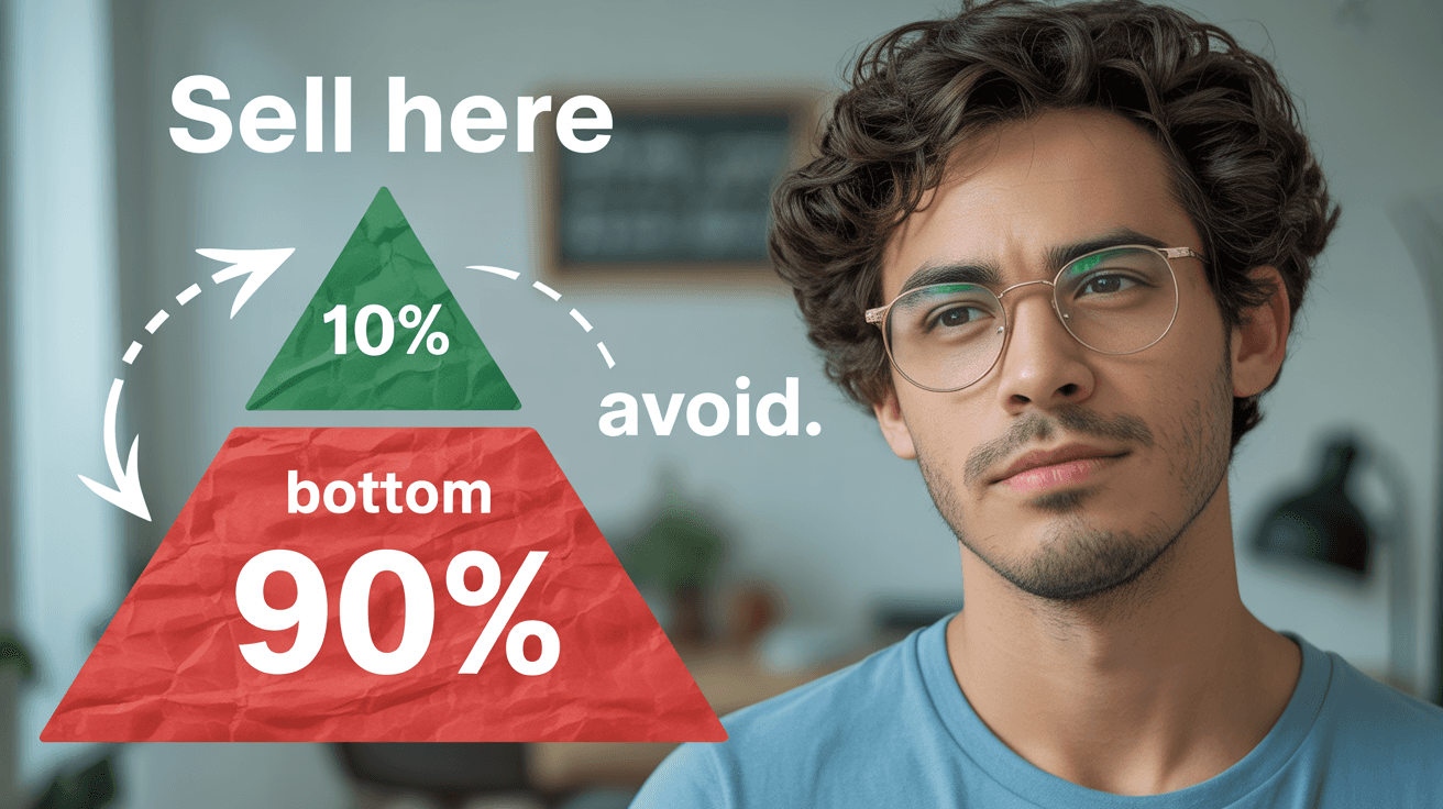 Ali Abdaal-style wealth strategy thumbnail with creator beside top 10 percent pyramid contrast diagram