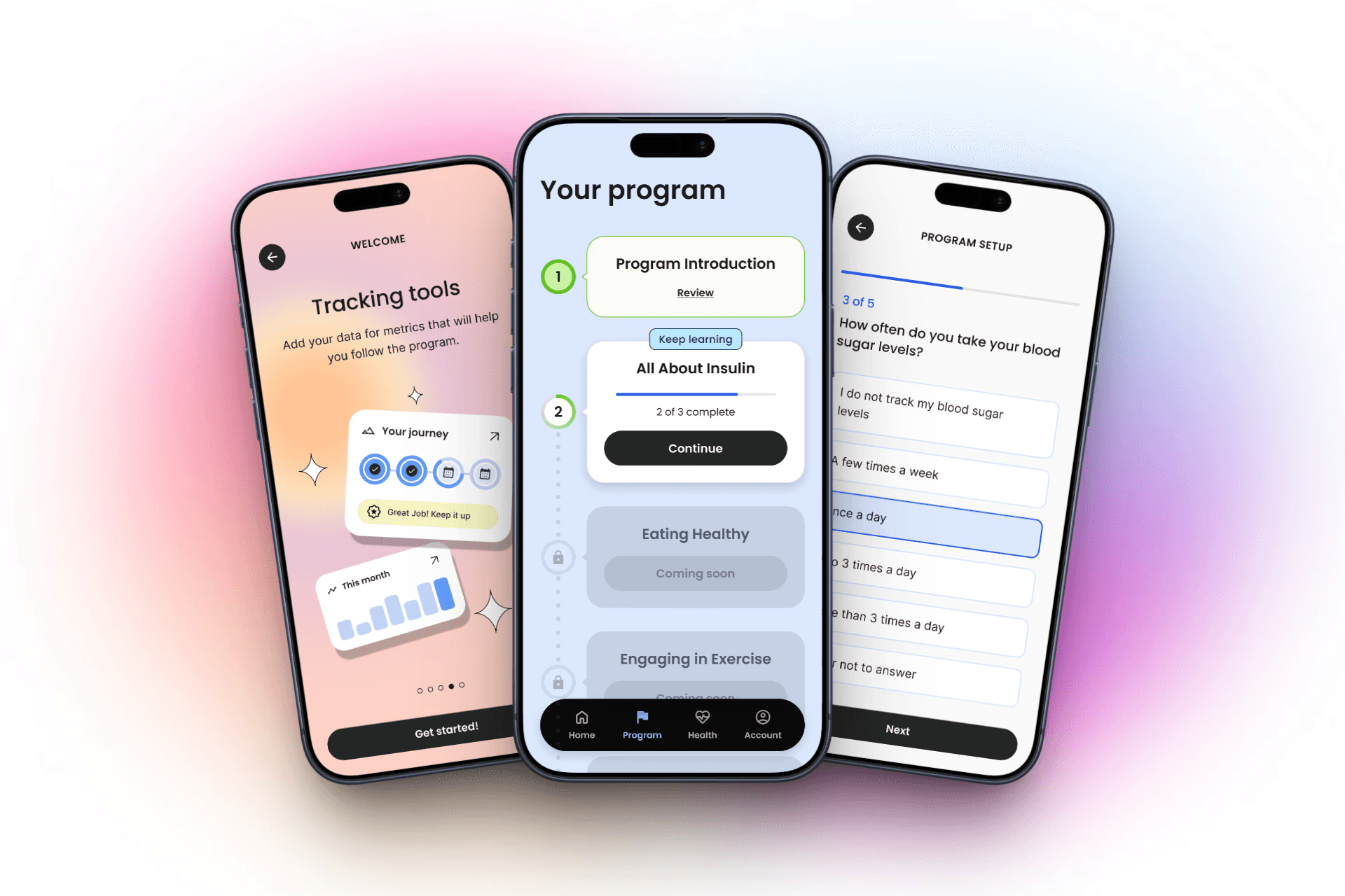 Three phone mockups showing the 2.0 patient app: a welcome screen with tracking tools, the program journey with progress indicators, and a setup questionnaire for personalized onboarding.