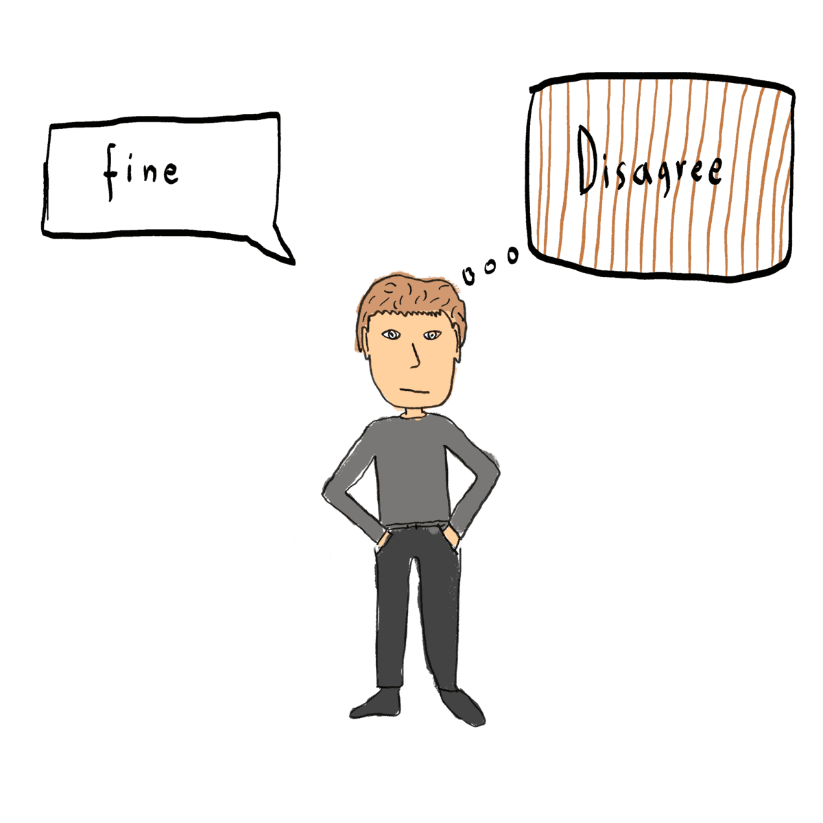 A composed designer stands with hands on hips. A plain speech bubble says “fine”, while a thought bubble barred in amber holds the word “Disagree”: the unspoken protective rule made visible.