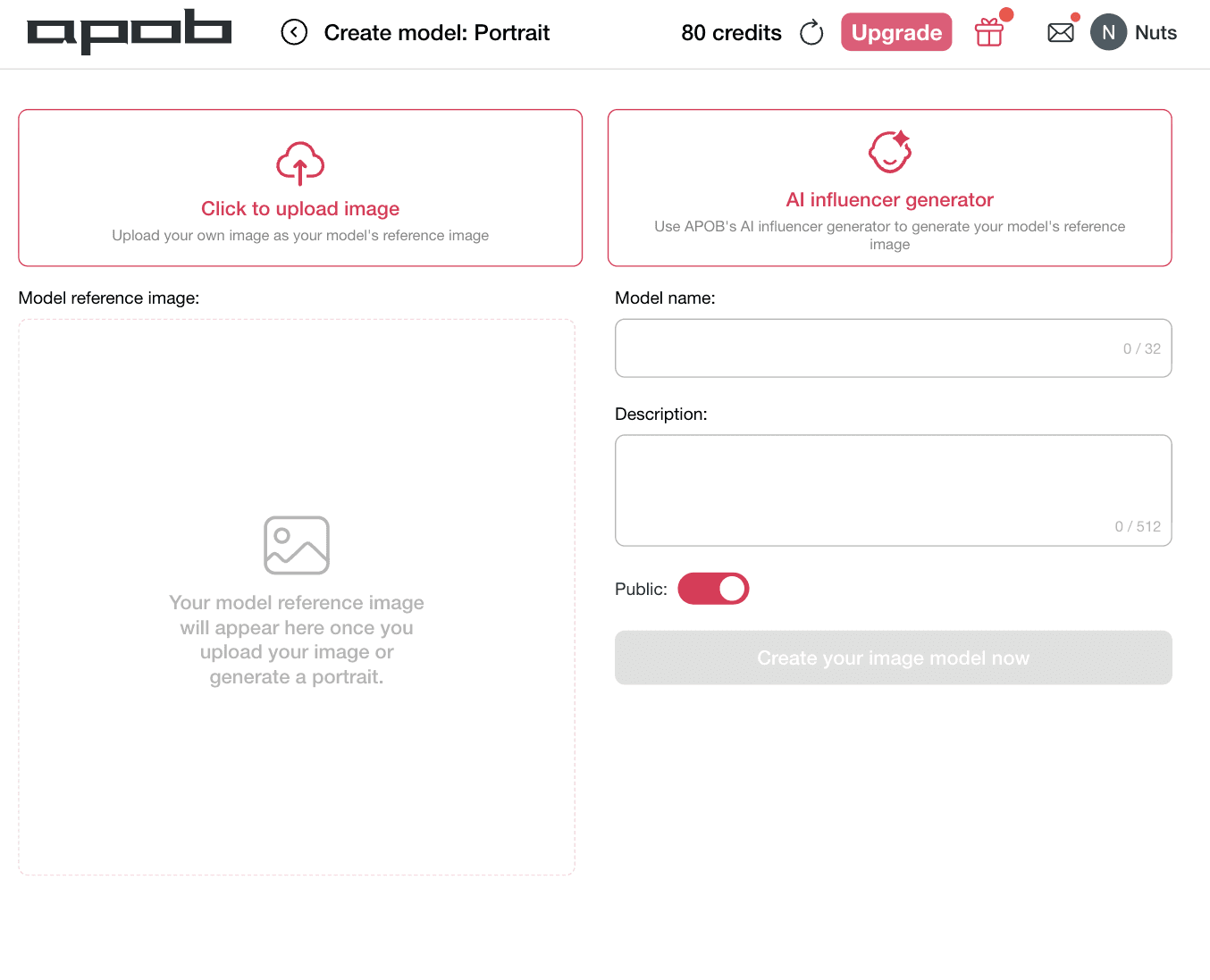 Interface Portrait d'APOB AI pour créer des modèles d'influenceur IA avec une identité de marque distincte.
