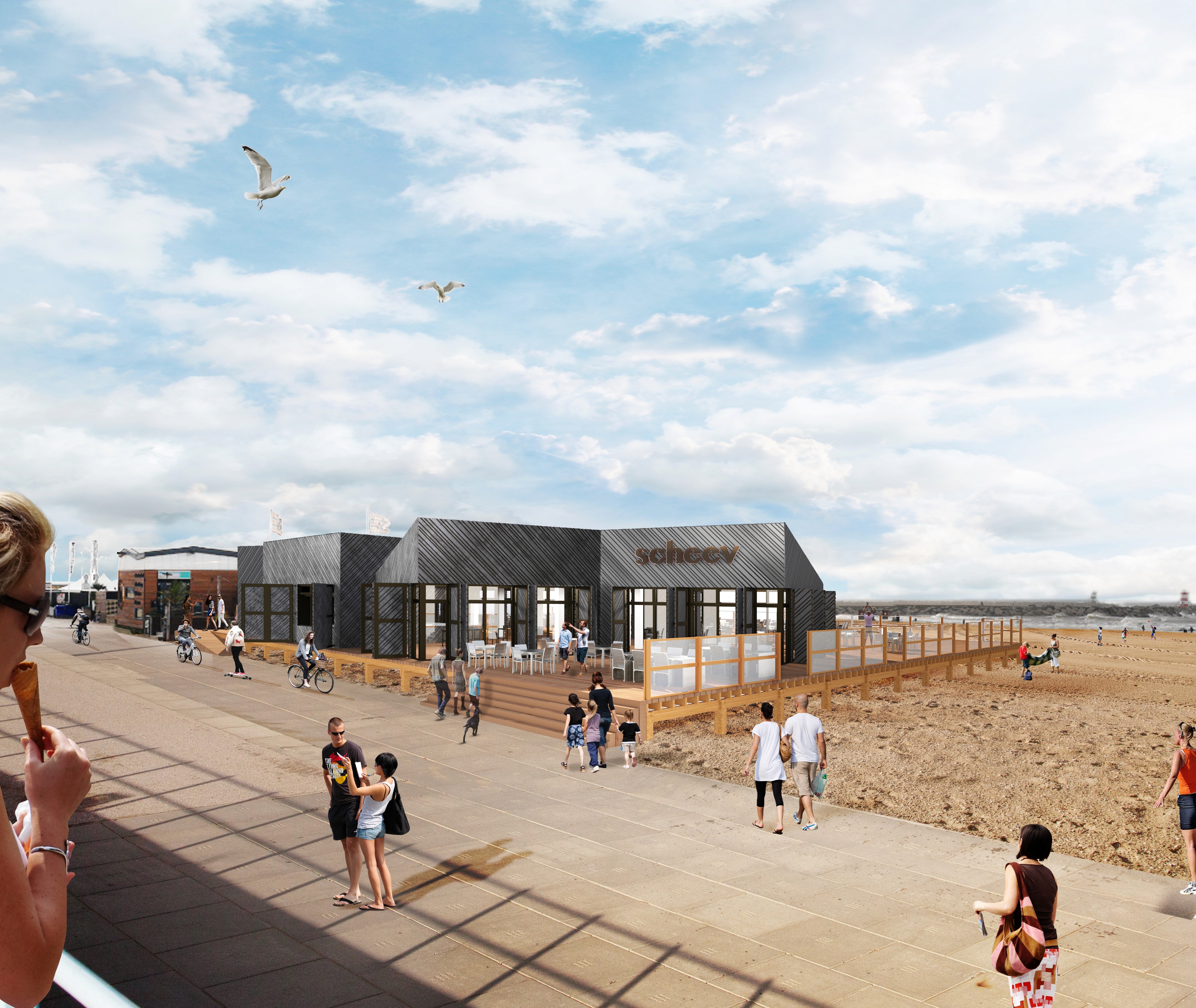 3D impression, computer render depicting the backside of the new beach pavilion