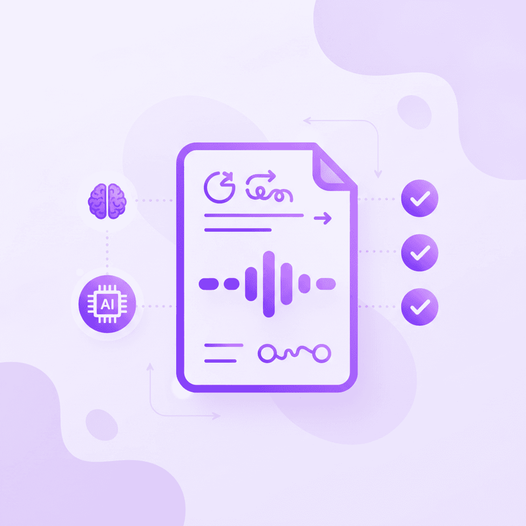 An audio waveform icon over a marked-up practice test