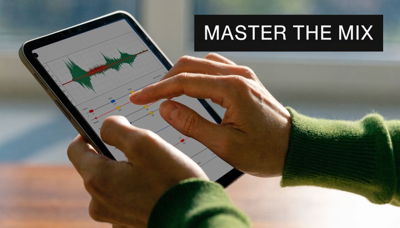 A person using a tablet to adjust audio settings while editing music on a touchscreen device.