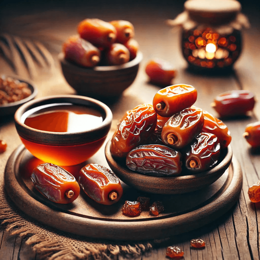 image features dates fruits and honey in a bowl