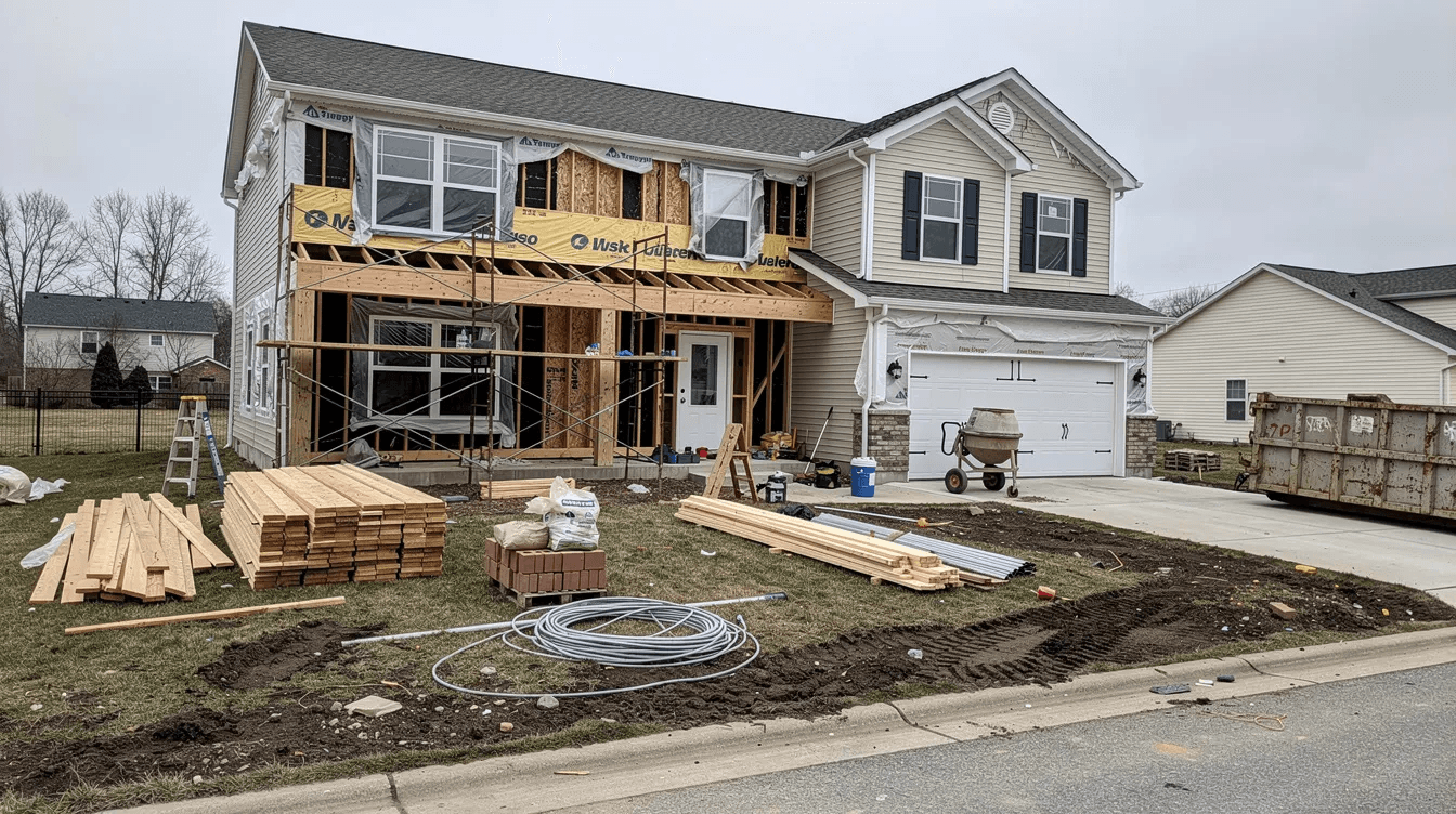 The image depicts a residential house undergoing renovation, with construction materials such as lumber and tools scattered in the front yard. This scene reflects the ongoing efforts of real estate investors and private lenders who often finance such projects through private money loans to enhance property value and potential cash flow.