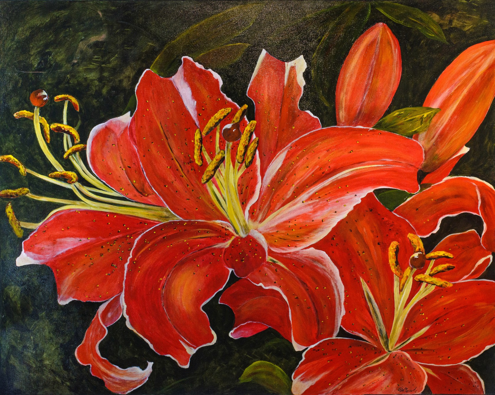 Lily flowers impressively fill the canvas with the red petals.
