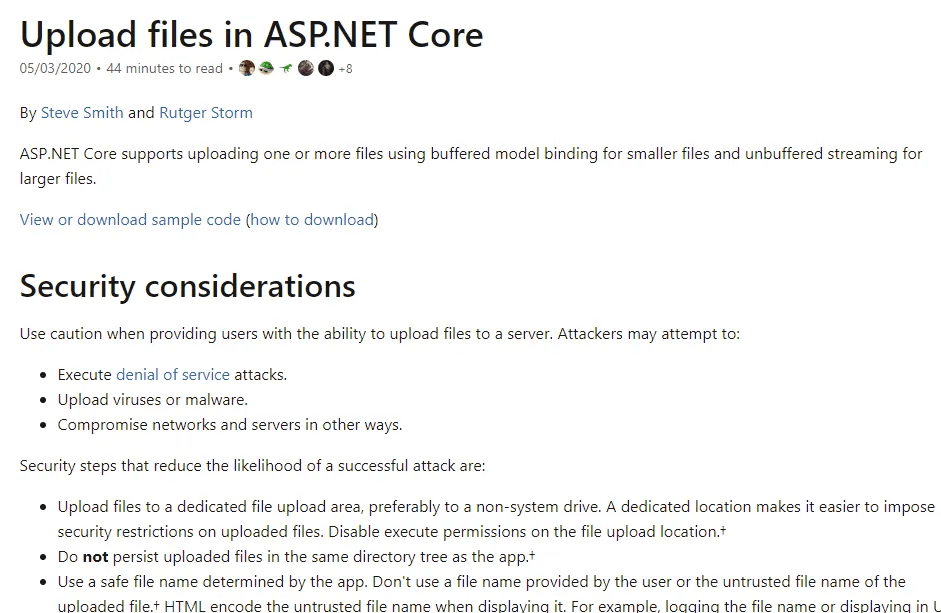 Microsoft .NET Core File Upload documentation starts with security considerations. How cool is that.