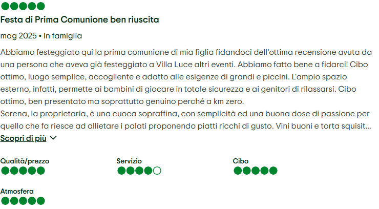 recensione su tripadvisor di utente felice di raccontare l'esperienza con villaluce