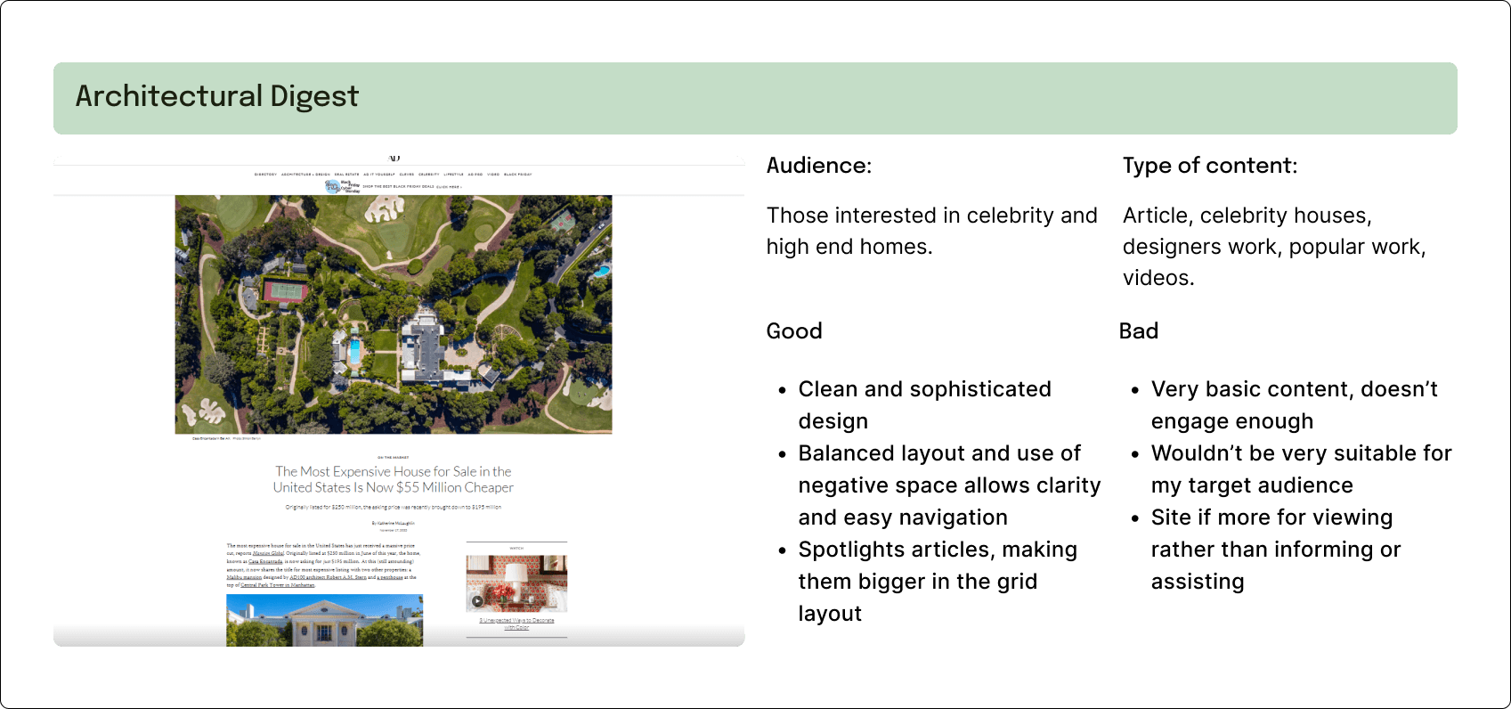 A table comparing the design of the site 'Architectural digest'.