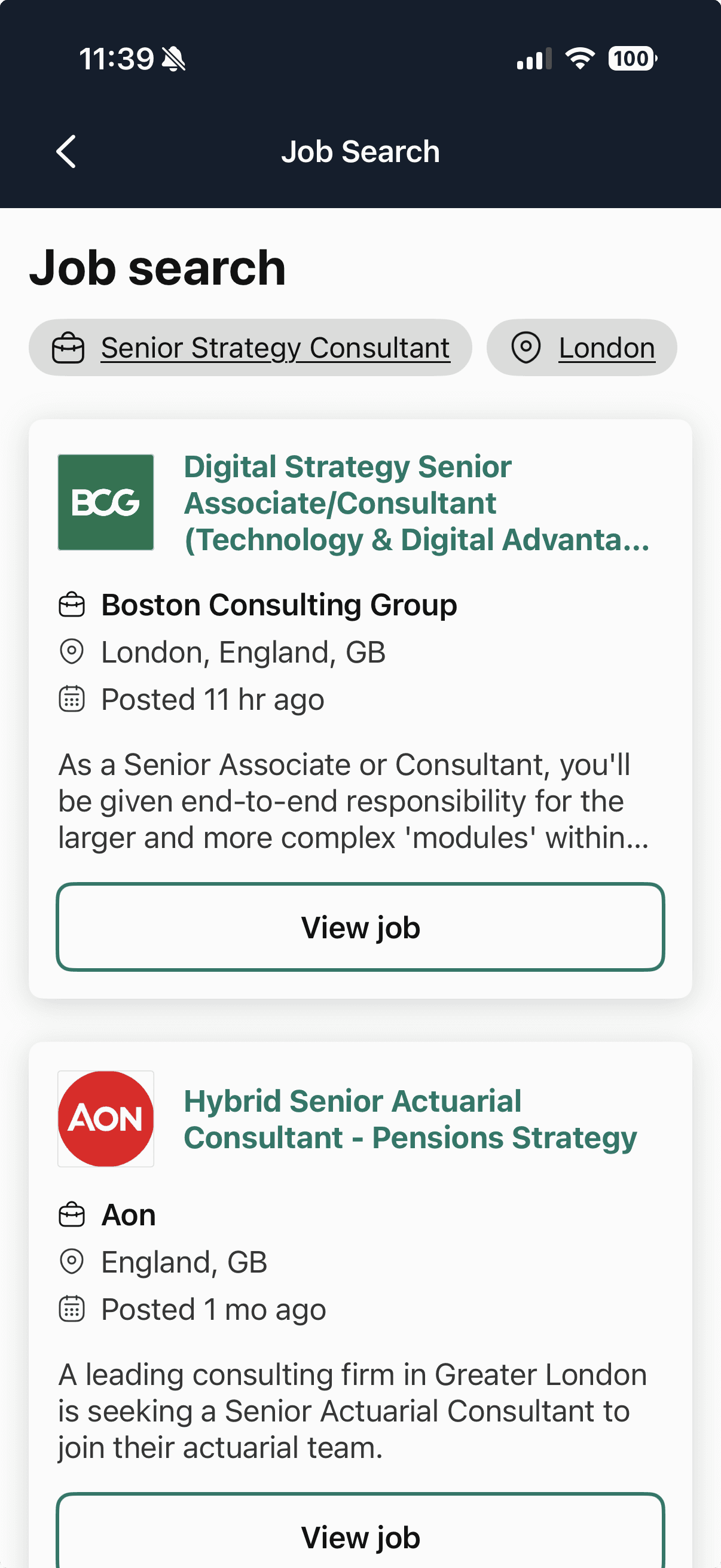 Job Search screen in the CV Engineer iOS app