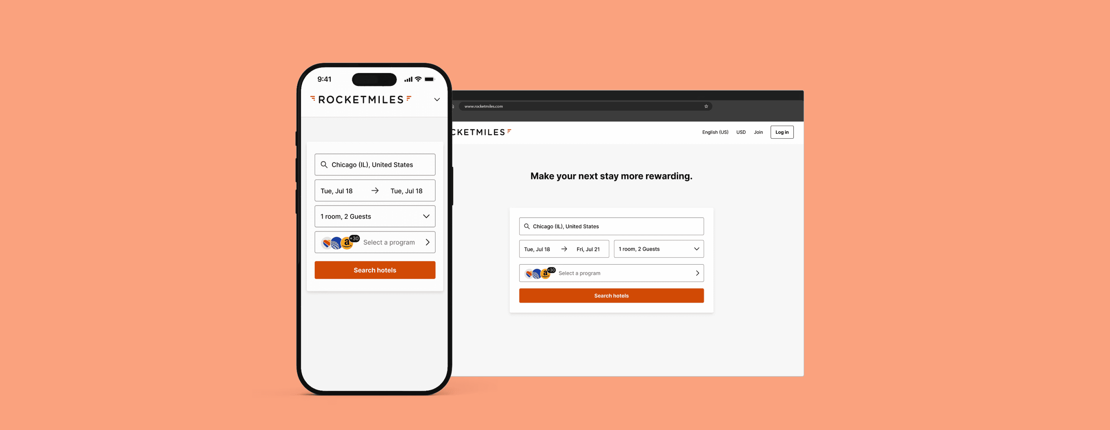 An image of an iPhone showing the new rewards program selector alongside the desktop iteration on an orange background.
