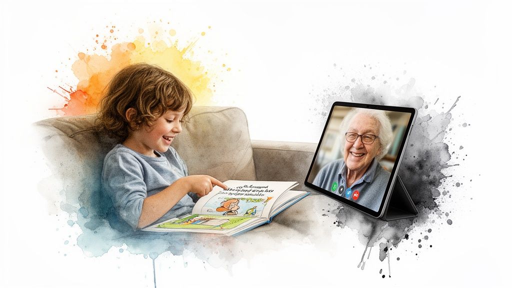 A happy young boy reads a children's book while video calling with a smiling elderly woman on a tablet.