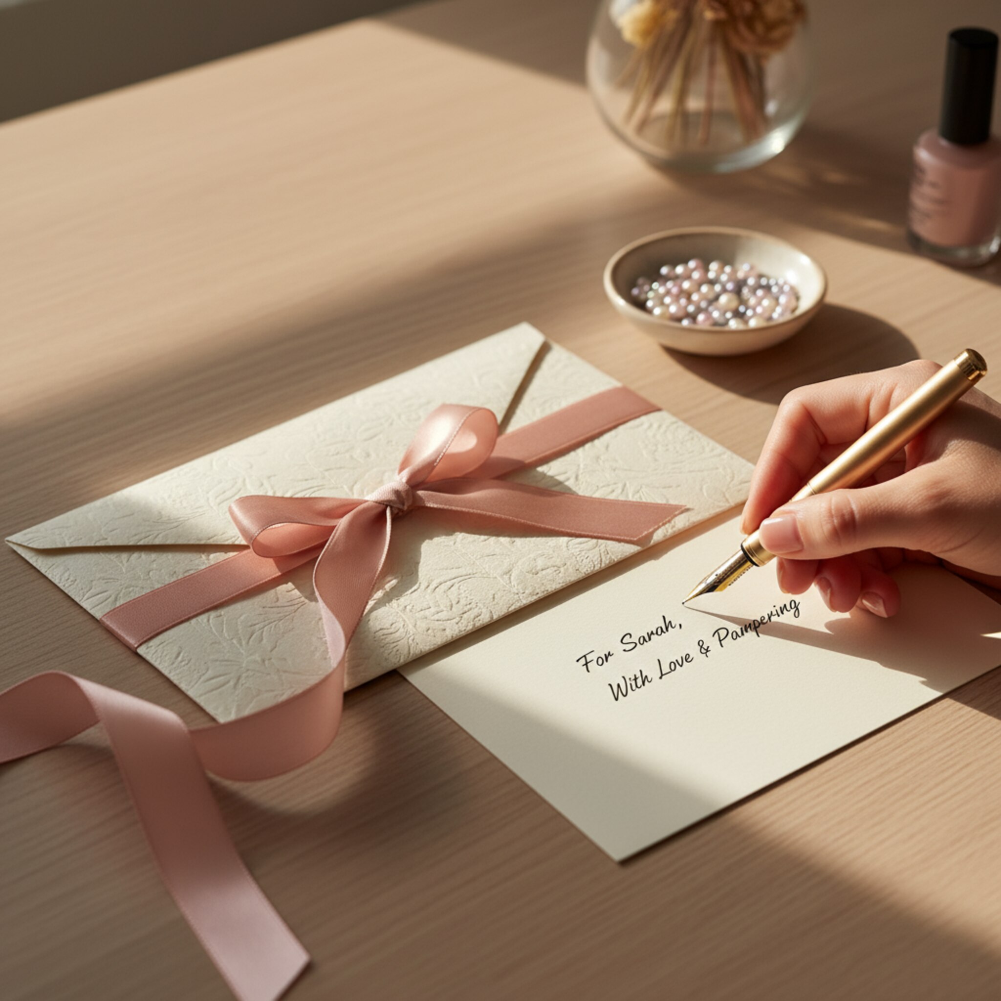 Ein eleganter Gutscheinumschlag mit Schleife liegt neben einer kleinen Schale mit Nagelperlen. Eine Hand schreibt mit Füller eine persönliche Widmung. Warmes Licht und sanfte Farben erzeugen ein wertiges, festliches Gefühl, das Lust auf das Verschenken und Wiederkommen macht.