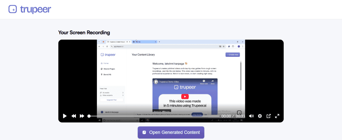 Click Open Generated Content to view Trupeer AI’s magic&nbsp;