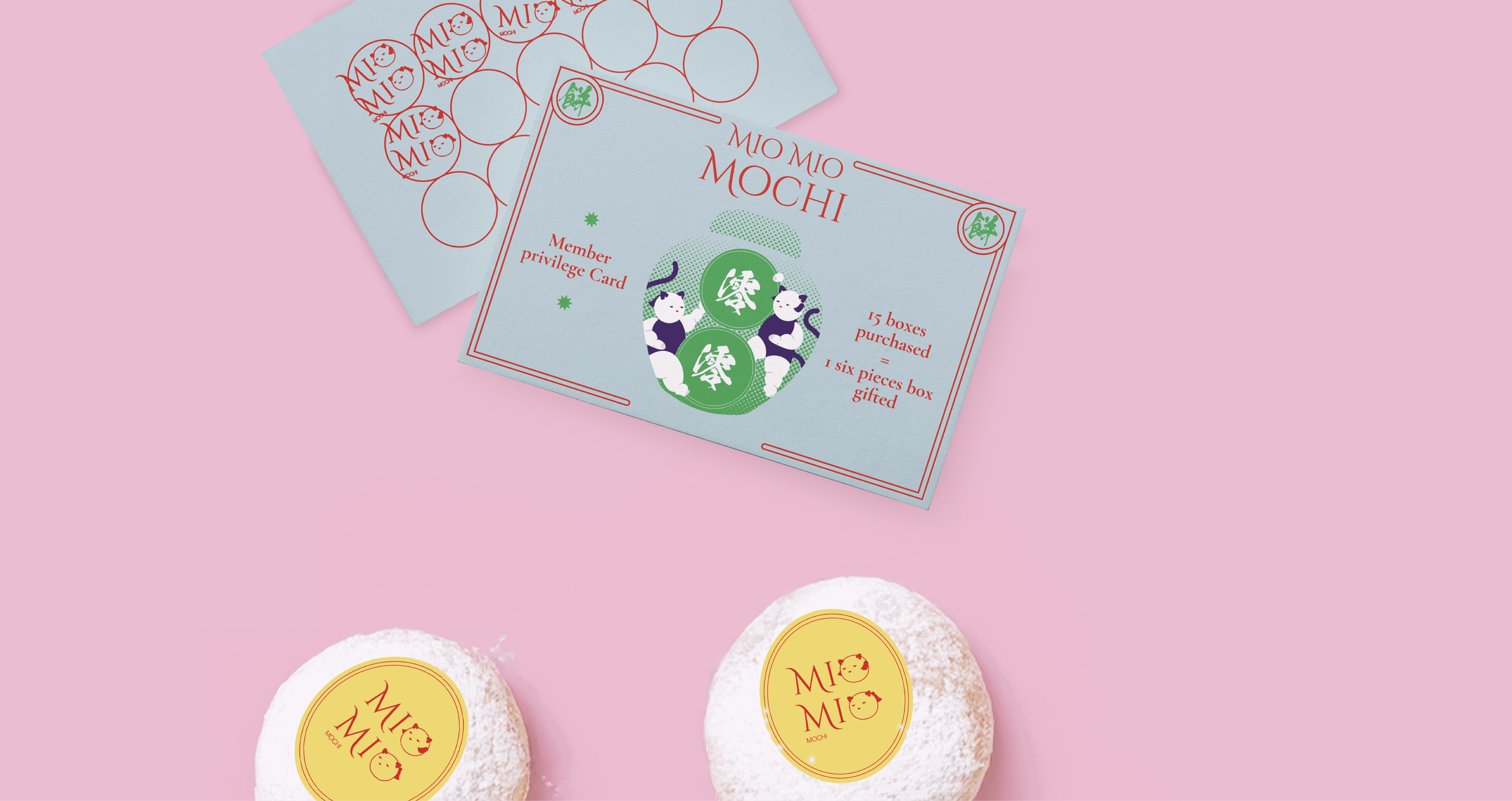 Mio Mio Mochi printed cards displayed with mochi on a pink background.