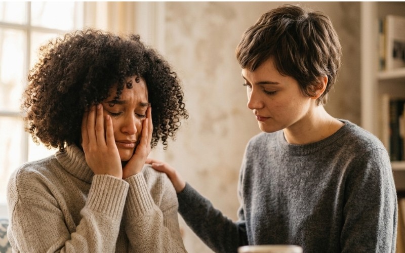 Woman offering empathy and reassurance to someone feeling overwhelmed