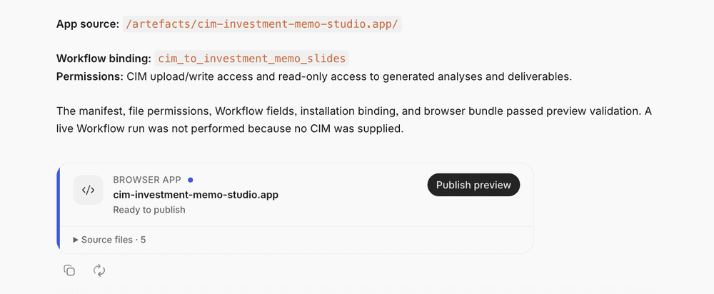A chat message showing the app source path, its Workflow binding and permissions, with a Browser App card reading cim-investment-memo-studio.app, Ready to publish, and a Publish preview button