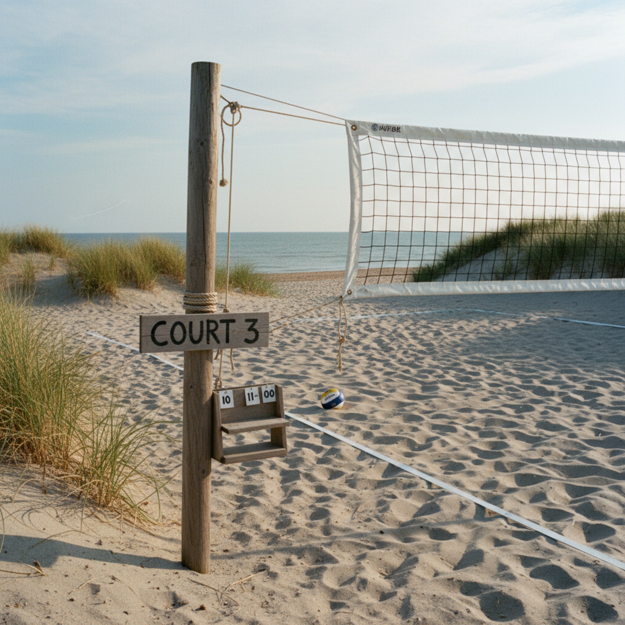 Am Eingang zeigt ein Holzschild die Court-Nummer neben einem sauber gespannten Netz. Ein Ball liegt neben der Seitenlinie, die Abdrücke frischer Schritte durchziehen den Sand. Auf einer kleinen Ablage stehen zwei nummerierte Markierungssteine, die Reservierung ist offensichtlich, die Atmosphäre ruhig und erwartungsvoll.