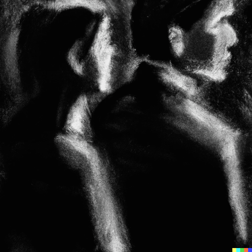 A sketch of a couple looking in the same direction beyond the darkness