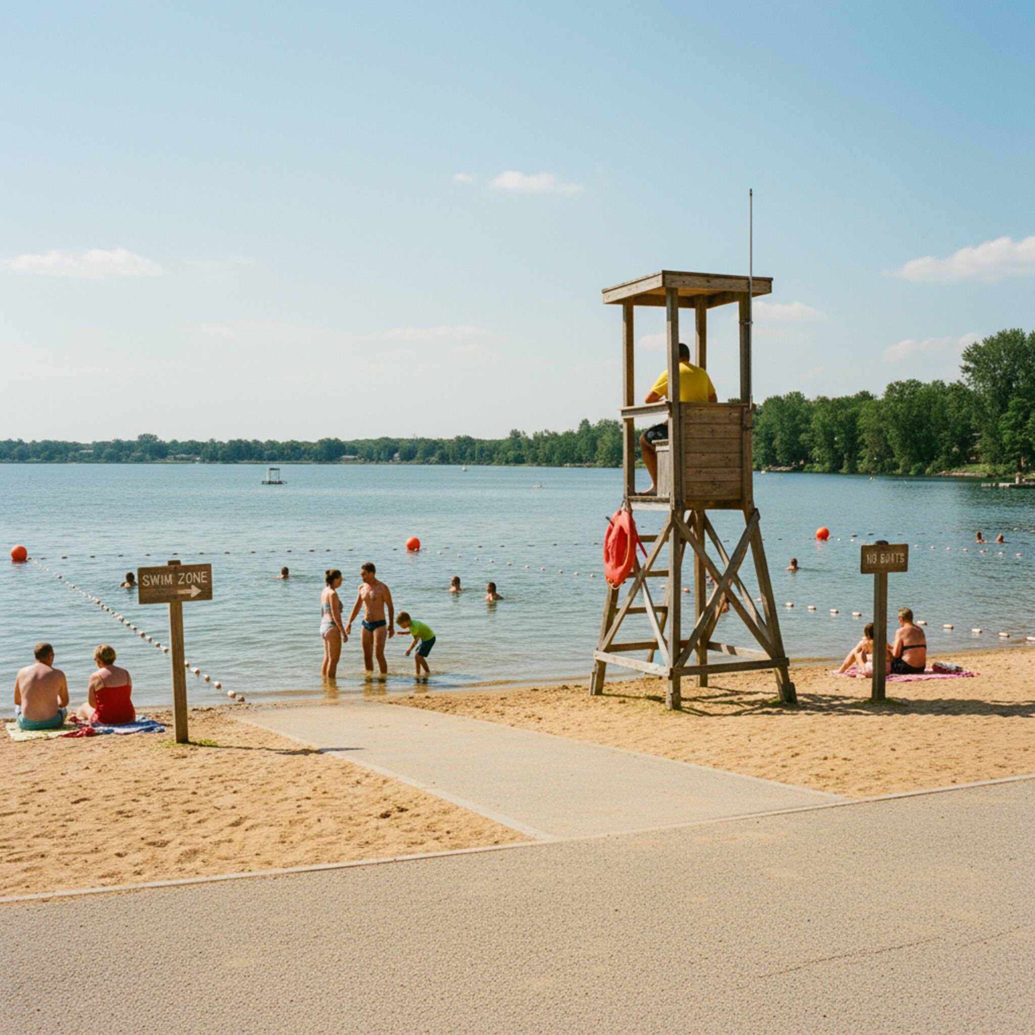 Vom Badeturm aus blickt ein Rettungsschwimmer auf klar abgegrenzte Schwimmzonen, im Wasser verteilen sich die Badegäste entspannt. Breite Zugänge zum Strand sind frei, Absperrbojen markieren Bereiche deutlich. Die Szene wirkt geordnet, sicher und sommerlich.