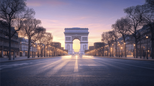 Arc de Triomphe in Paris at sunset with a clear view down the avenue.