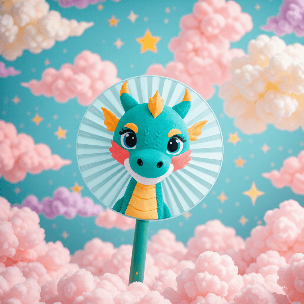 product photography of a round fan with a cute dragon design, used for cooling