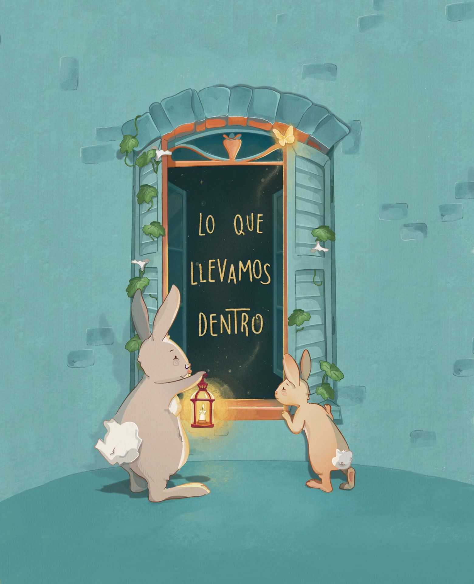 A book cover of a grandfather rabbit and a child holding a candle while opening a window and looking inside with curiosity.