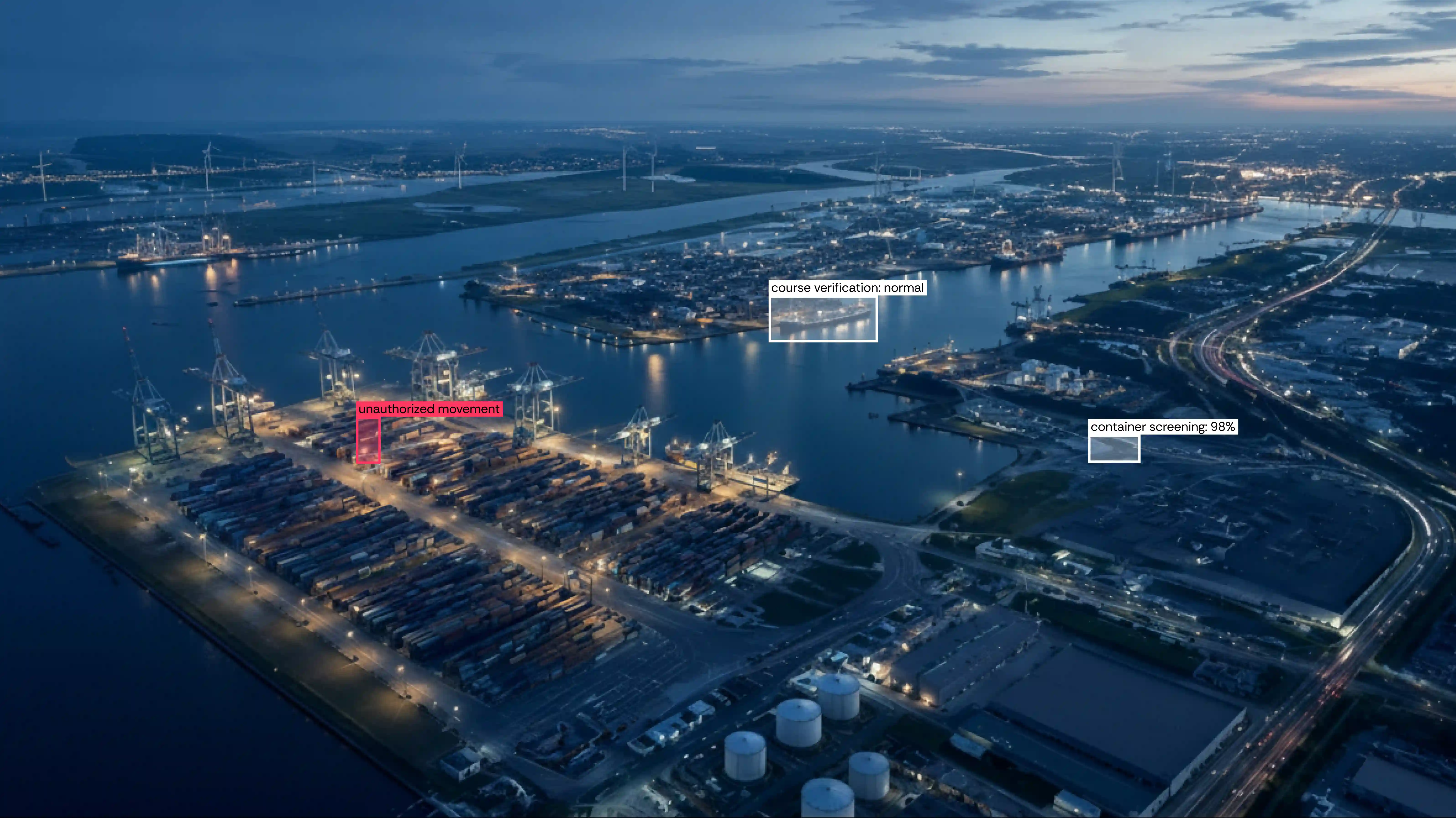 Aerial shot of an illuminated container port at dusk, featuring digital AI data labels and detection frames monitoring ship movements, container screening and unauthorised activities