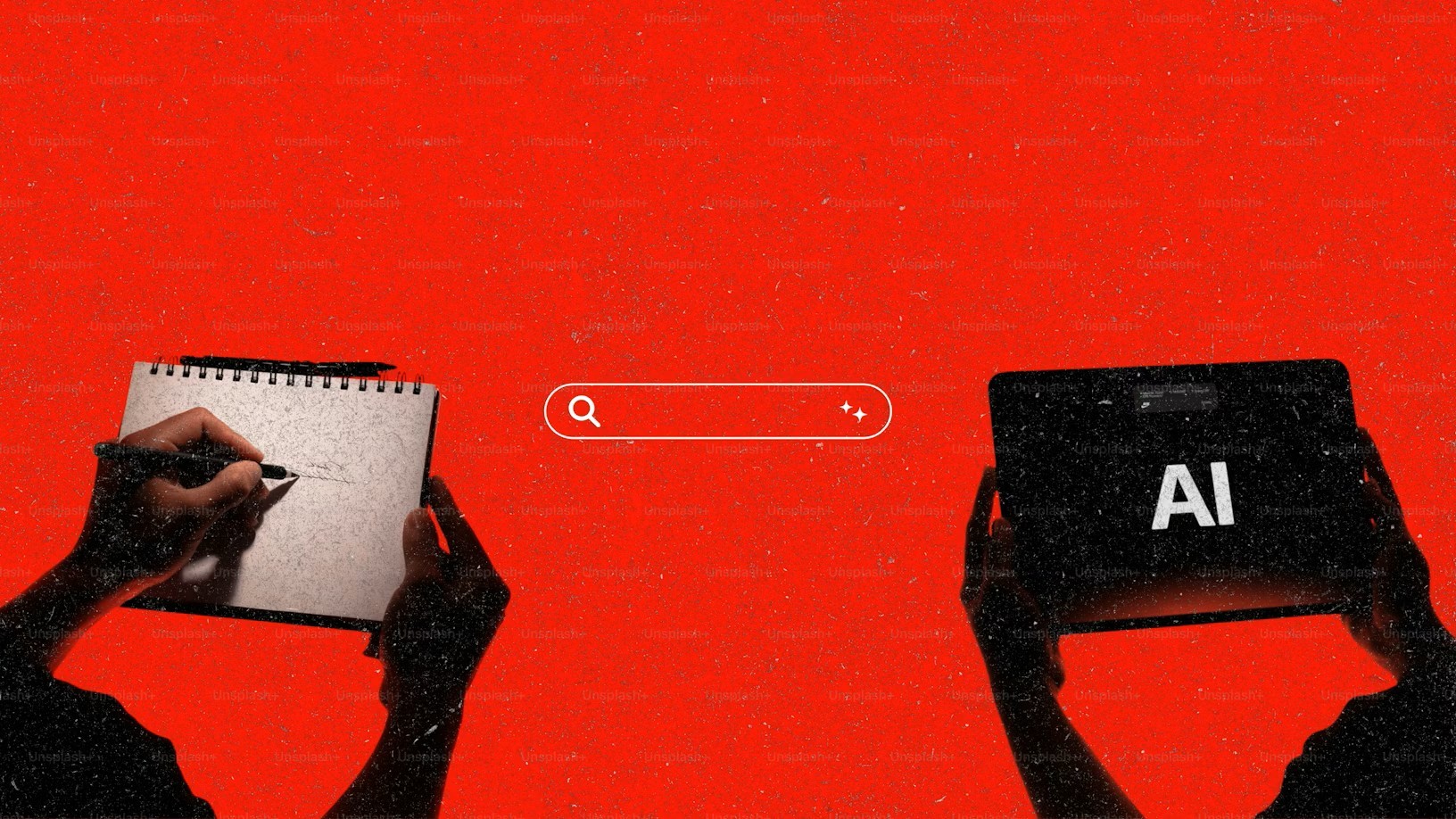 Hands drawing on notepad, search bar, tablet with AI