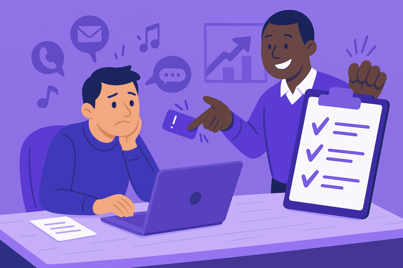 Flat-style digital illustration showing a supportive leader helping a distracted worker by removing notifications and clutter, symbolizing focus, prioritization, and guidance toward productivity.