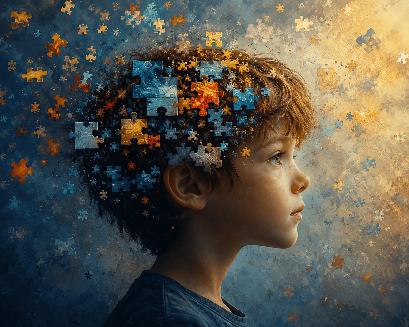 A profile of a somber student with multi-colored puzzel pieces all around him
